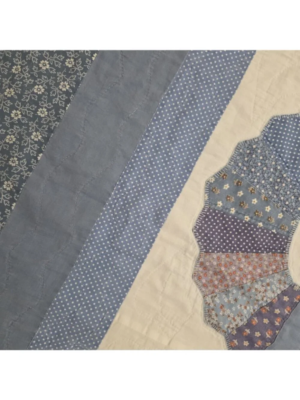 Vintage Handmade Blue Floral Dresden Plate Quilt 79 x 93